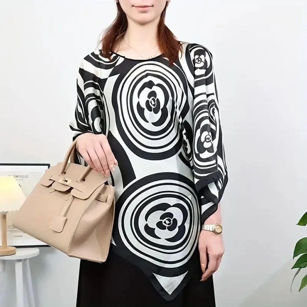 COCO Black White Camelia Flower Print Scarf Silk Shawl Scarf